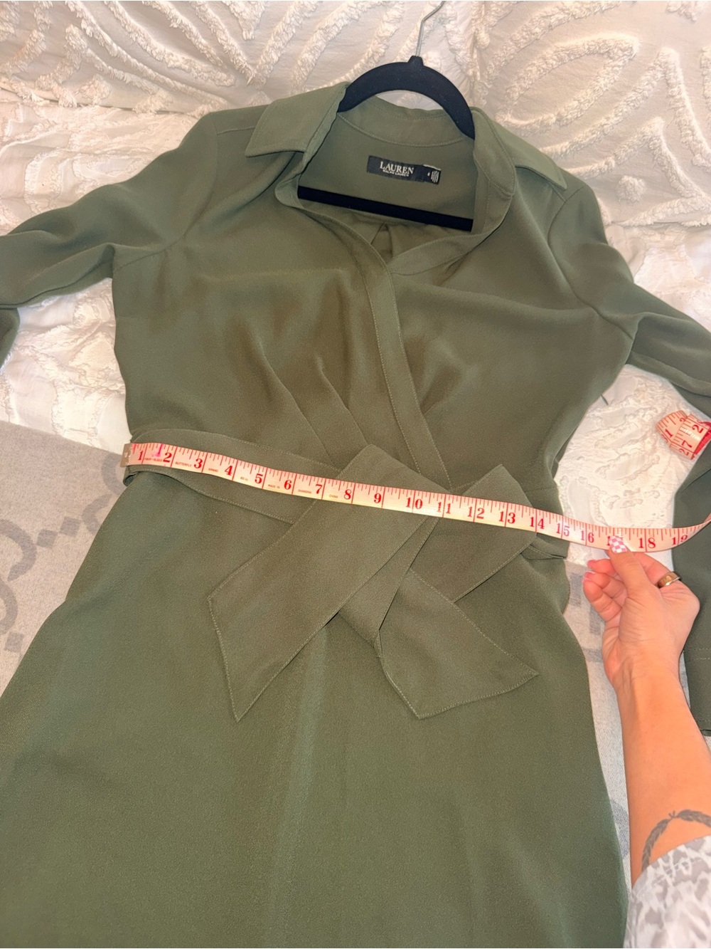 Lauren Ralph Lauren Surplice Georgette Olive Green Wrap Midi Dress - Elegant - Picture 6 of 14